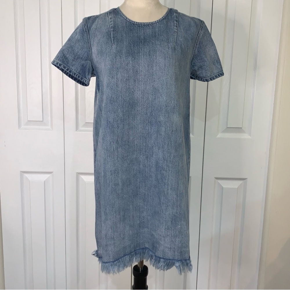 Pistola SzSm fringed light wash denim short sleeve dress zip up back